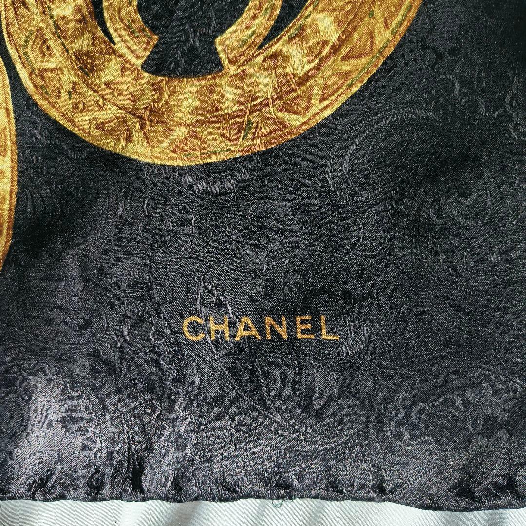 Chanel スカーフ 黒金 チェーン柄 シルク