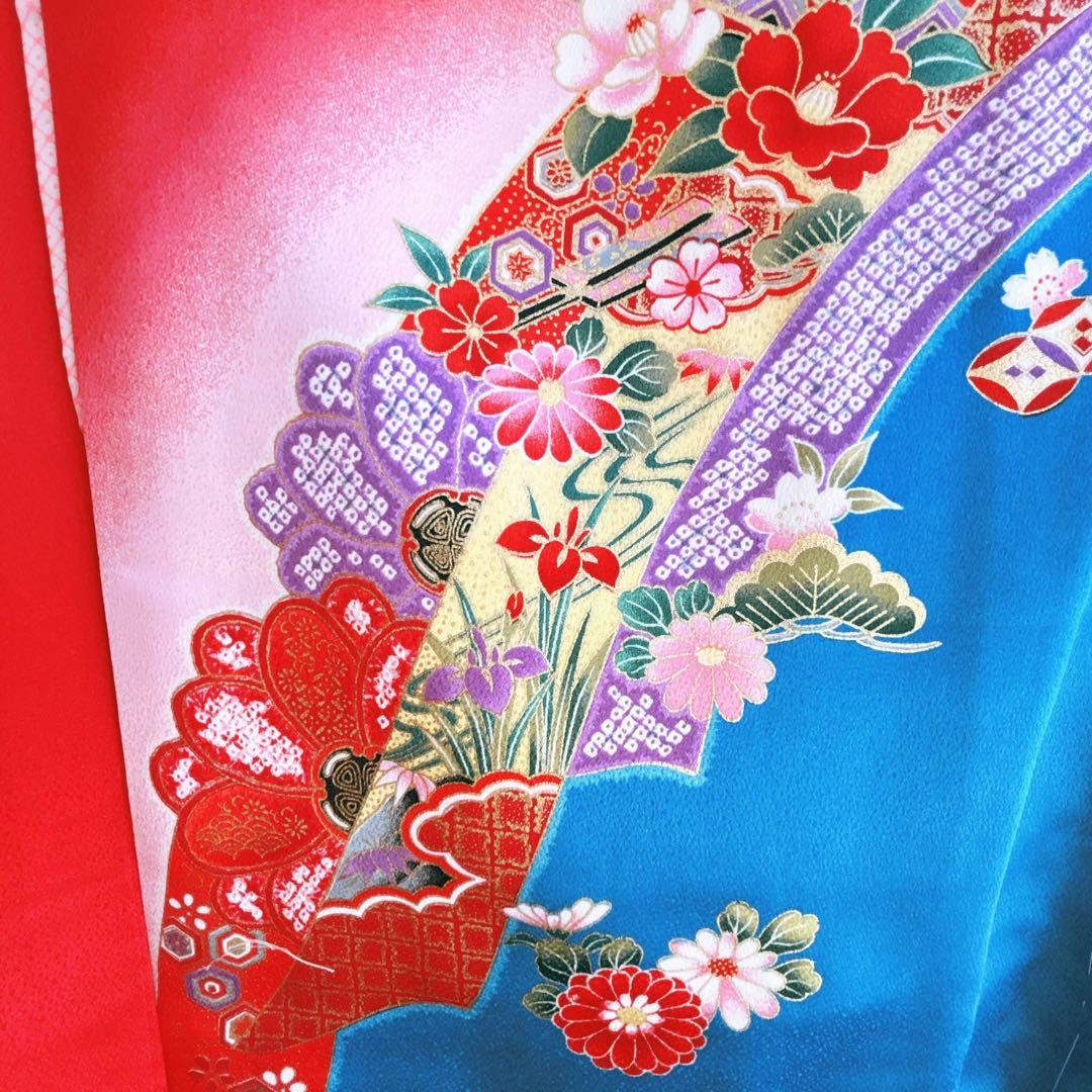 フルセット 七五三 7歳女の子 長着＆長襦袢＆帯＆小物　赤地　のし柄　毬　扇子