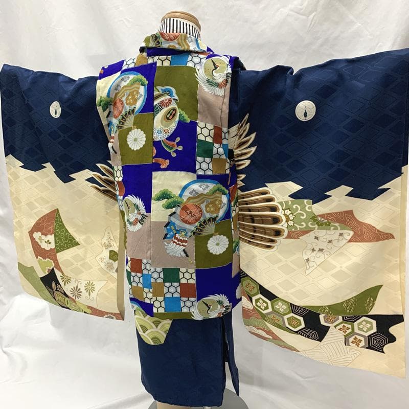 601ab36□七五三 三歳 男児 着物&被布 総刺繍 束ね熨斗に鷹□状態良好