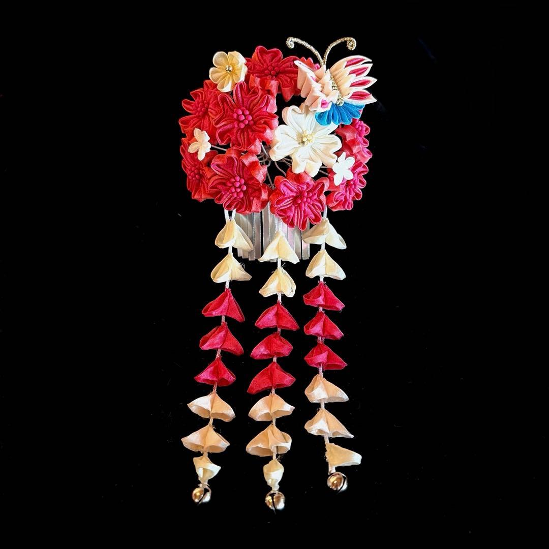 勝山髪飾り 七五三 7歳 (濃いピンク×クリーム色) 蝶