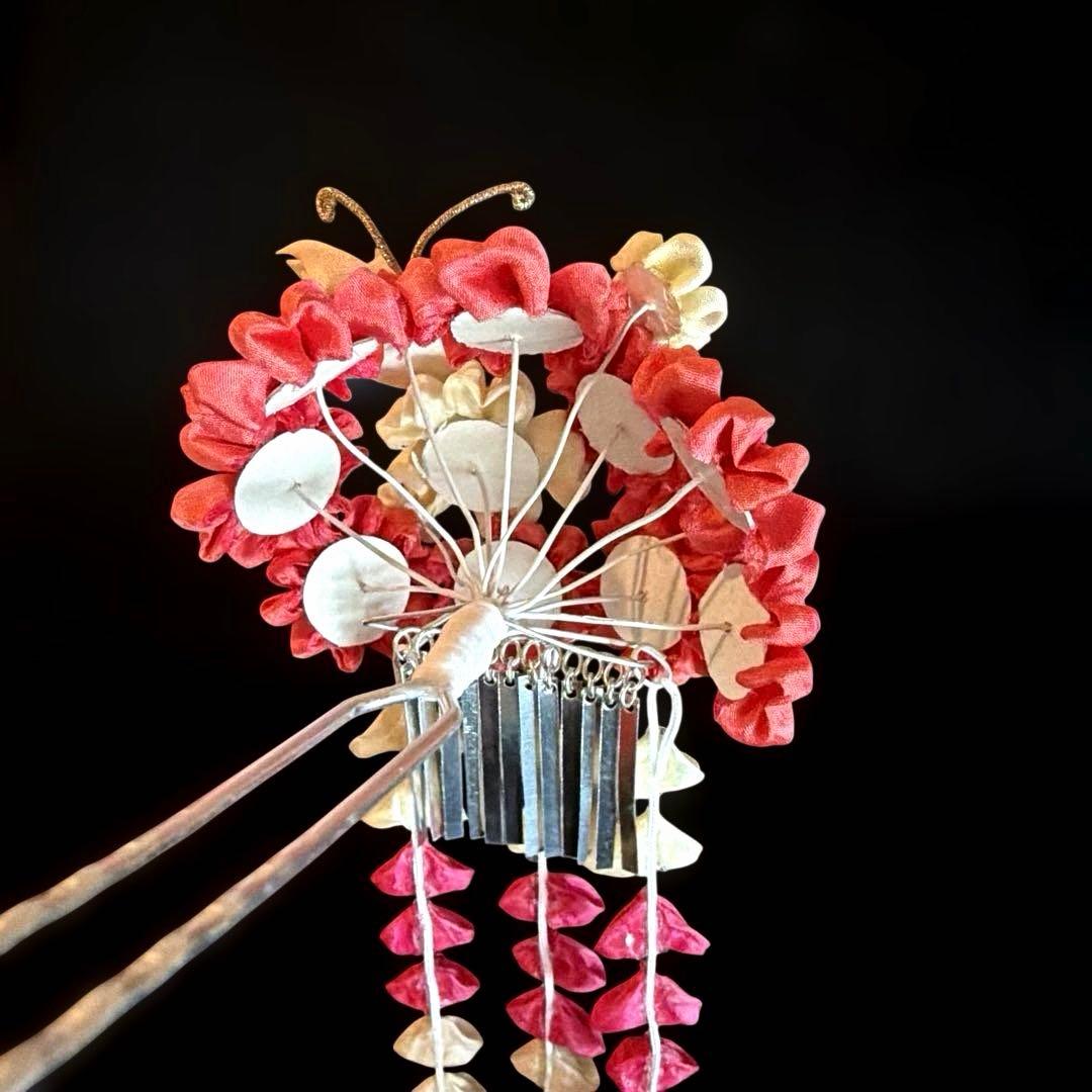 勝山髪飾り 七五三 7歳 (濃いピンク×クリーム色) 蝶