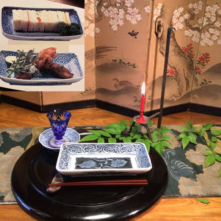 A582 古伊万里　　染付　　見込牡丹　タコ唐草紋様　　隅入長皿　2枚