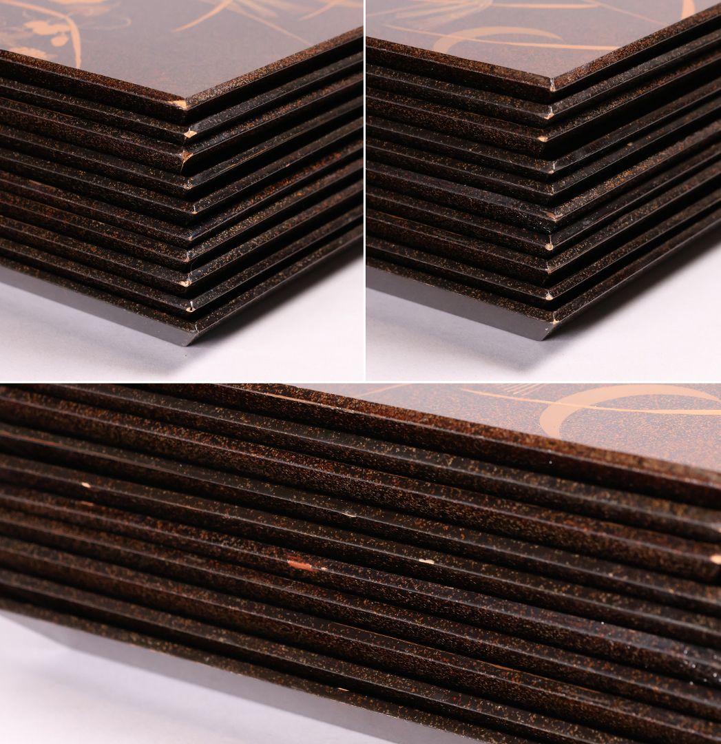 【MB46】時代 梨地吸物膳 十客 月と草花蒔絵 秋草 四方膳 卓上 折敷 木製