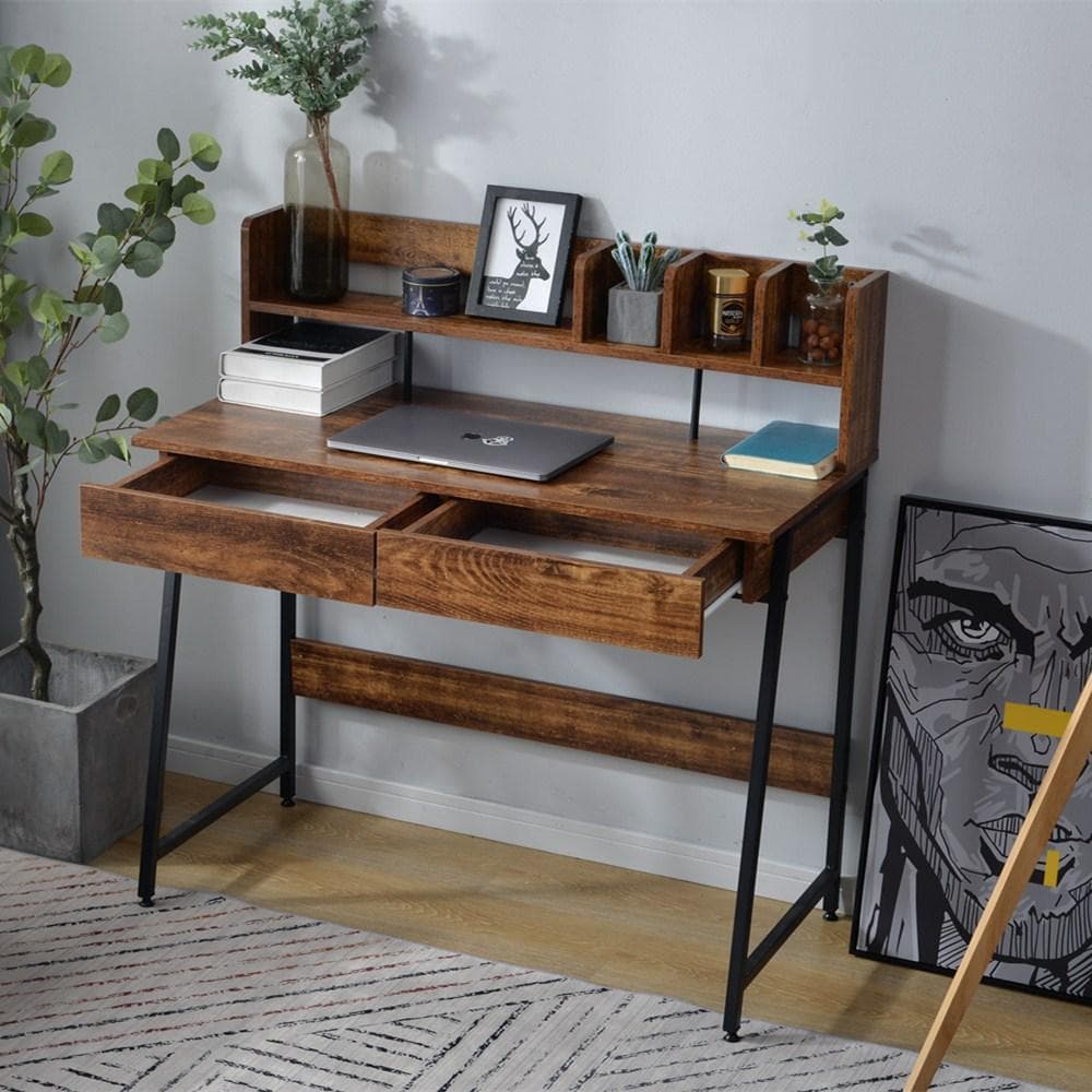 【ダークブラウン】パソコンデスク 引き出し付き　収納台　ミシン台 学習机 勉強机