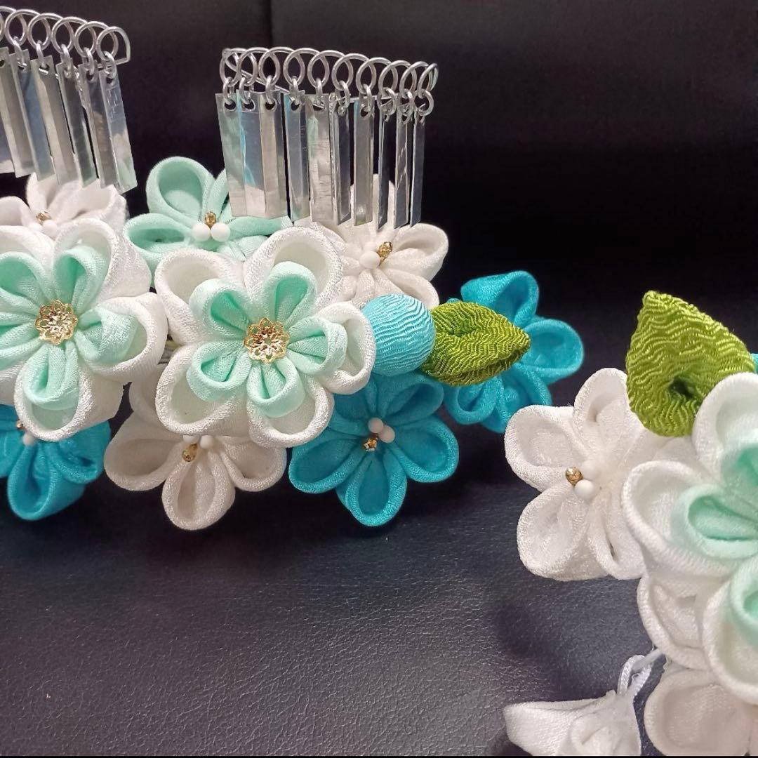 新品【七五三】髪飾り　勝山かんざし　簪　つまみ細工　水色系