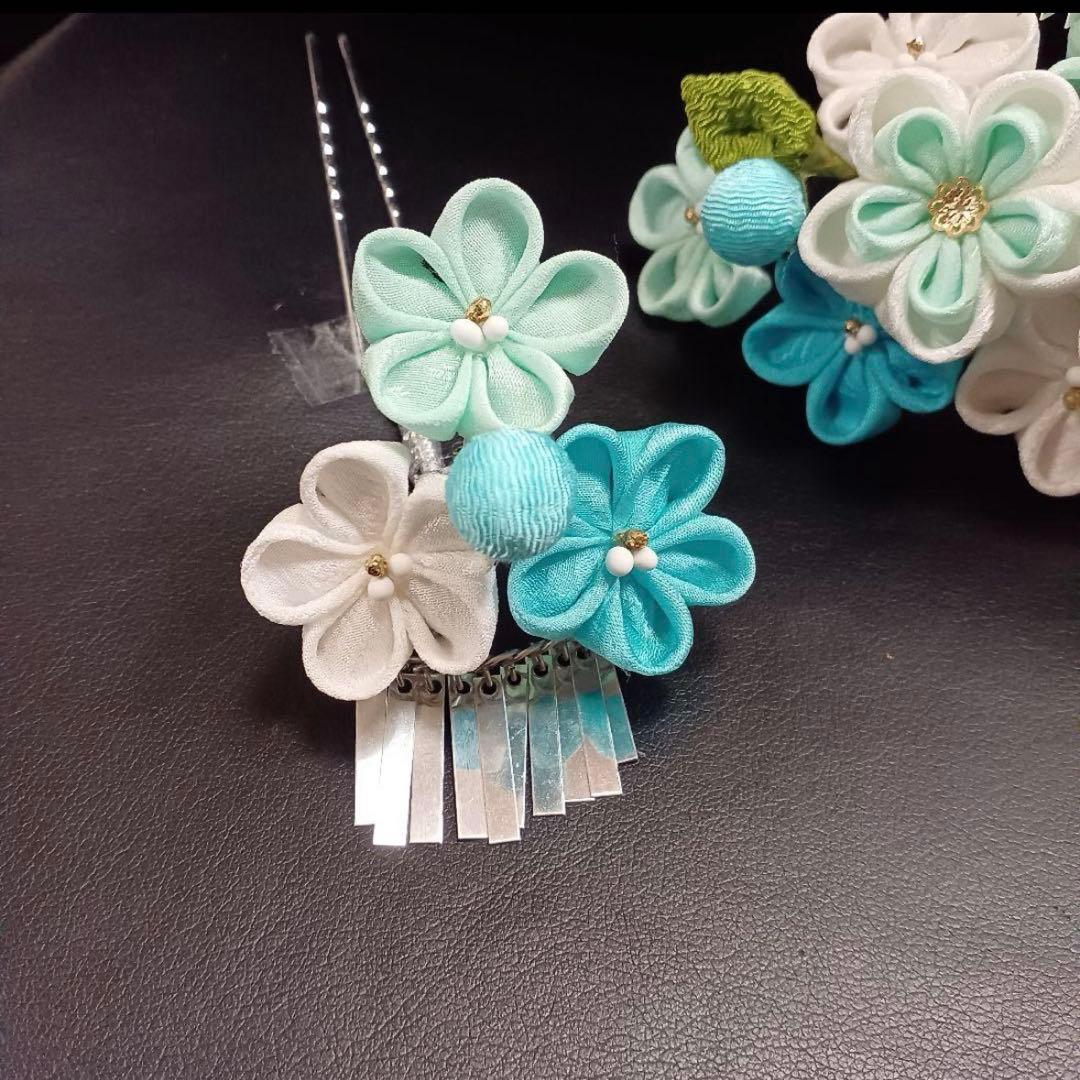 新品【七五三】髪飾り　勝山かんざし　簪　つまみ細工　水色系