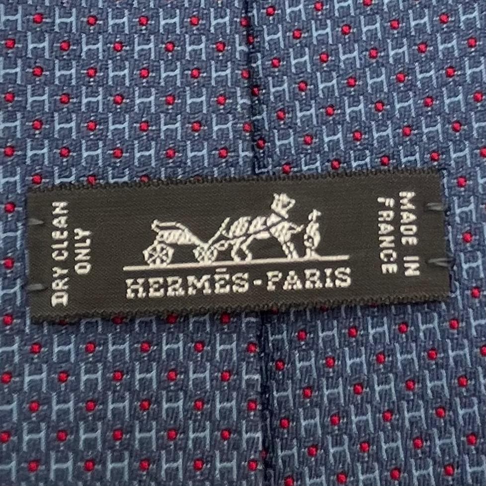 新品✨エルメス　HERMES ネクタイ　シルク100％　ブルー　H柄　ドット