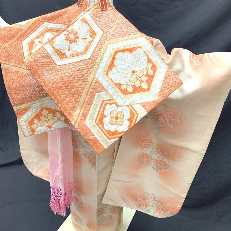 505ag49□七五三 七歳 女児 着物&袋帯 花文□状態良好