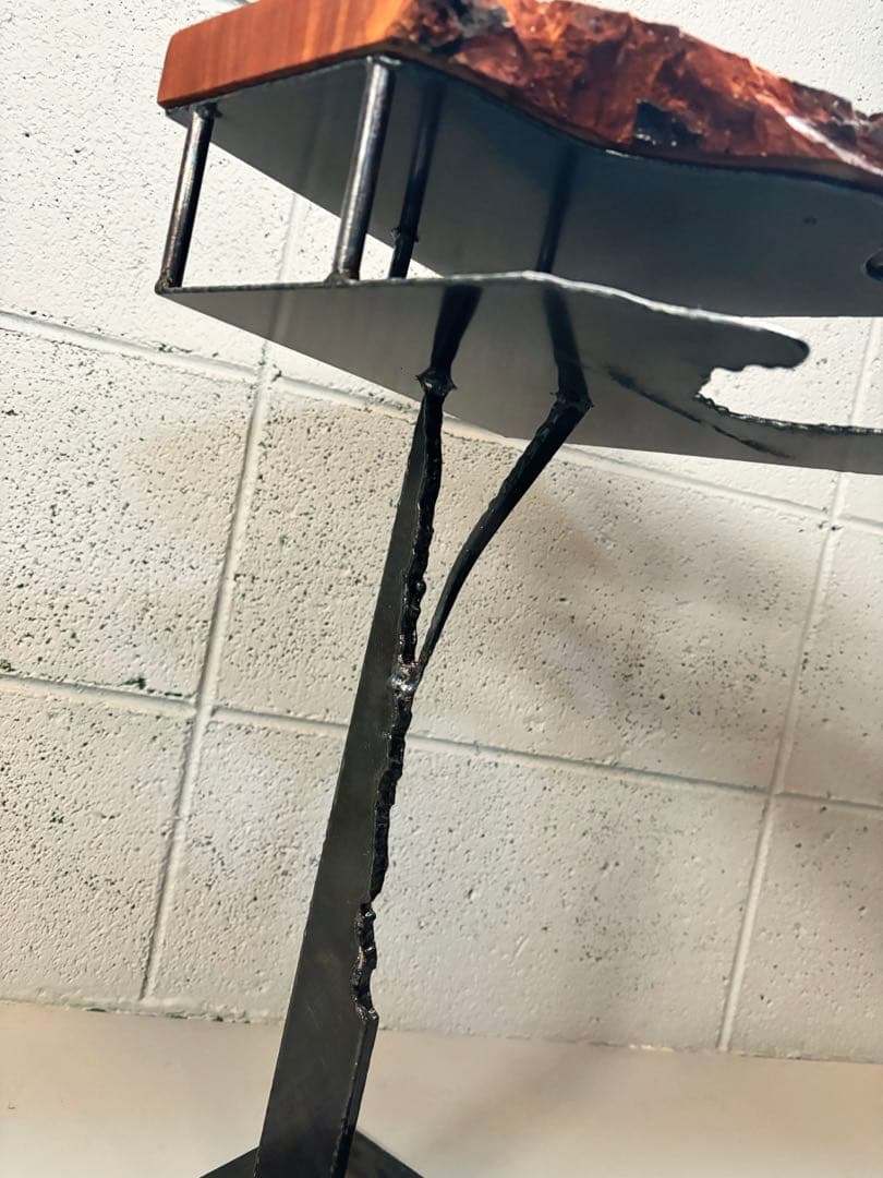 欅サイドテーブルアイアン家具観葉植物一輪挿し花台一枚板盆栽台