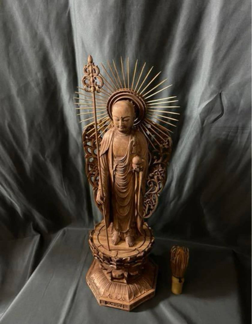 大型高46cm 井波彫刻　仏教工芸品　楠材製　極上彫　木彫仏像　地蔵菩薩立像