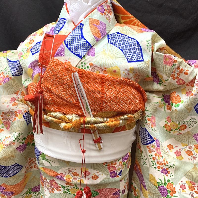 506ag56□七五三 七歳 女児 着物&袋帯 総柄 金彩 扇□状態良好