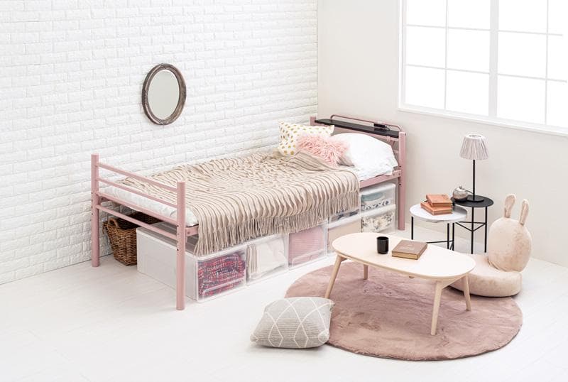 【ピンク　シングル】 便利な宮棚付きのロングベッド  <フレームのみ>