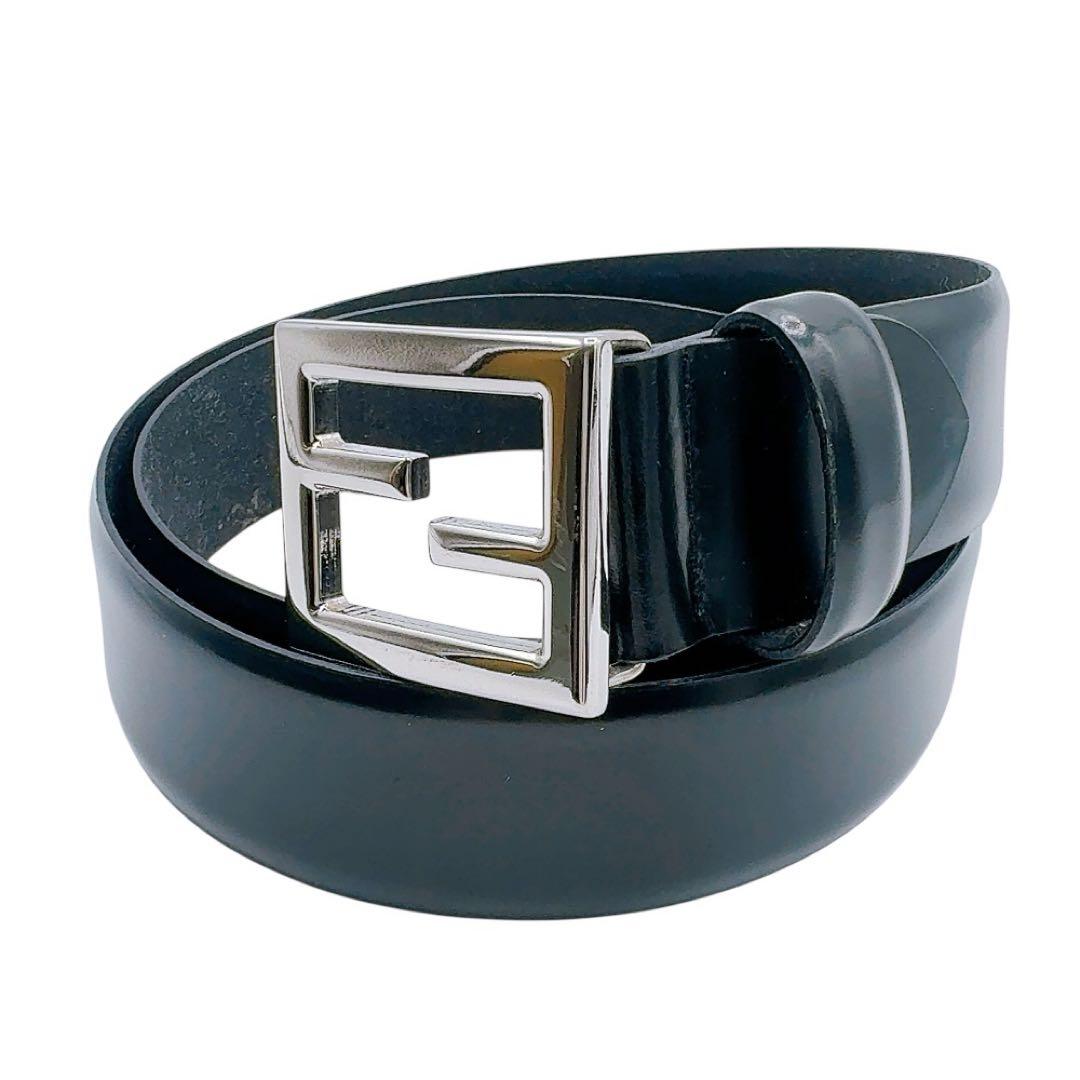 【良品】フェンディ ベルト レザー ブラック×シルバー FF ロゴ 革 ズッカ