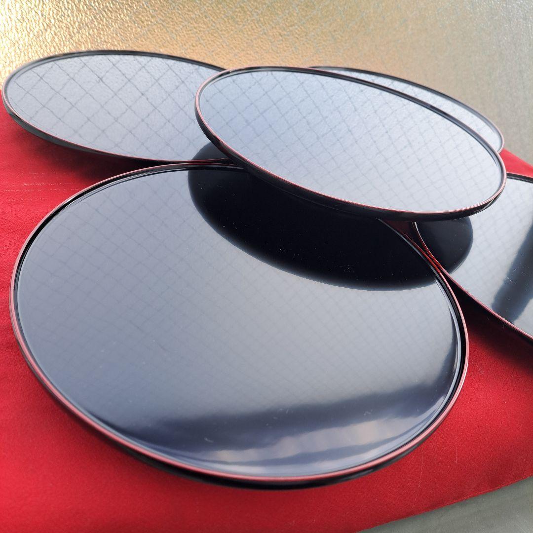 【輪島塗　7.5寸\"高台付き\"大皿×5客】布着本堅地　未使用/長期保管品