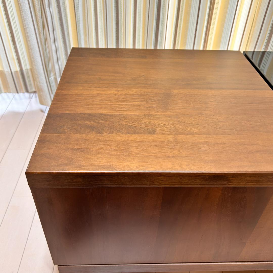 【美品】スライド収納付ローテーブル 幅90cm 木目×ガラス調天板 完成品