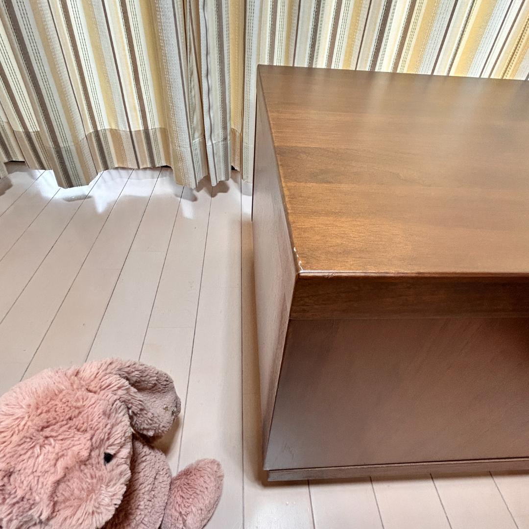 【美品】スライド収納付ローテーブル 幅90cm 木目×ガラス調天板 完成品