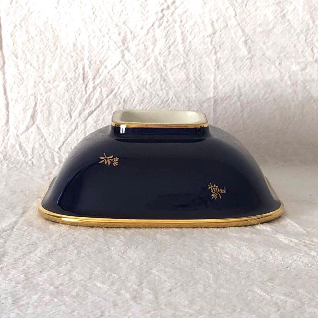 セーブル角形ディッシュ☆ファットブルー☆24K金彩小花紋様☆仏ヴィンテージ未使用