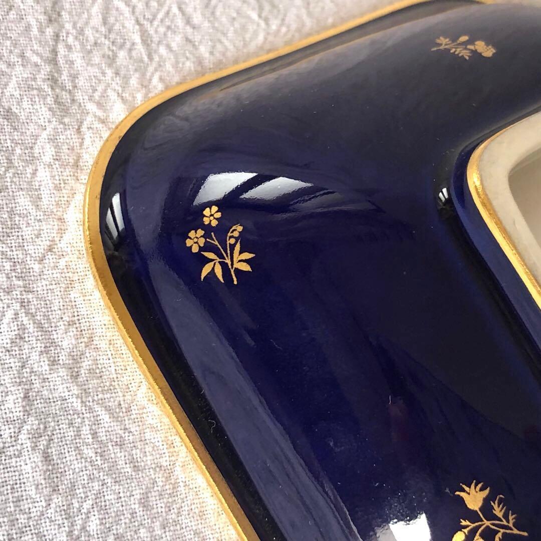 セーブル角形ディッシュ☆ファットブルー☆24K金彩小花紋様☆仏ヴィンテージ未使用