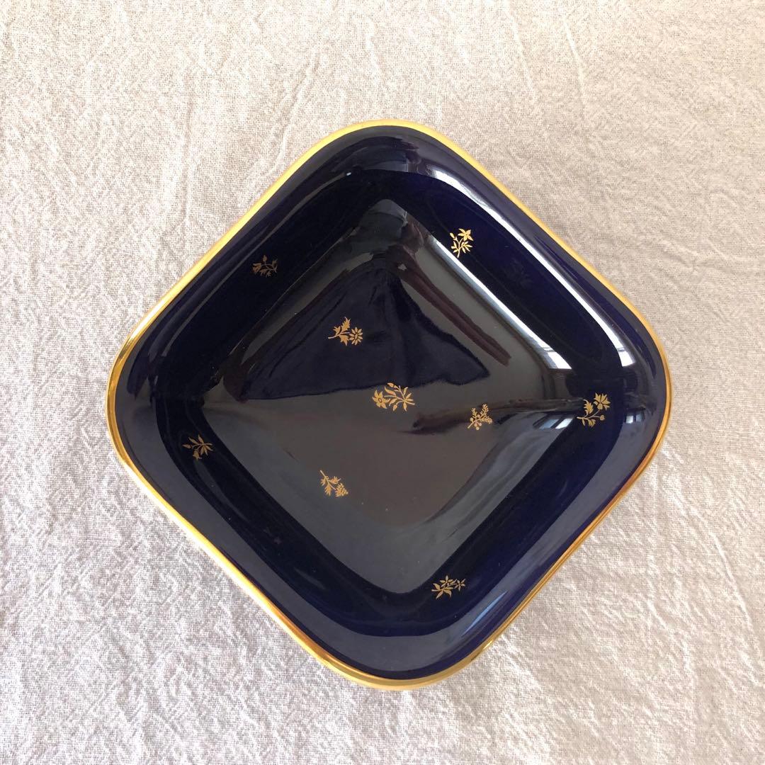 セーブル角形ディッシュ☆ファットブルー☆24K金彩小花紋様☆仏ヴィンテージ未使用