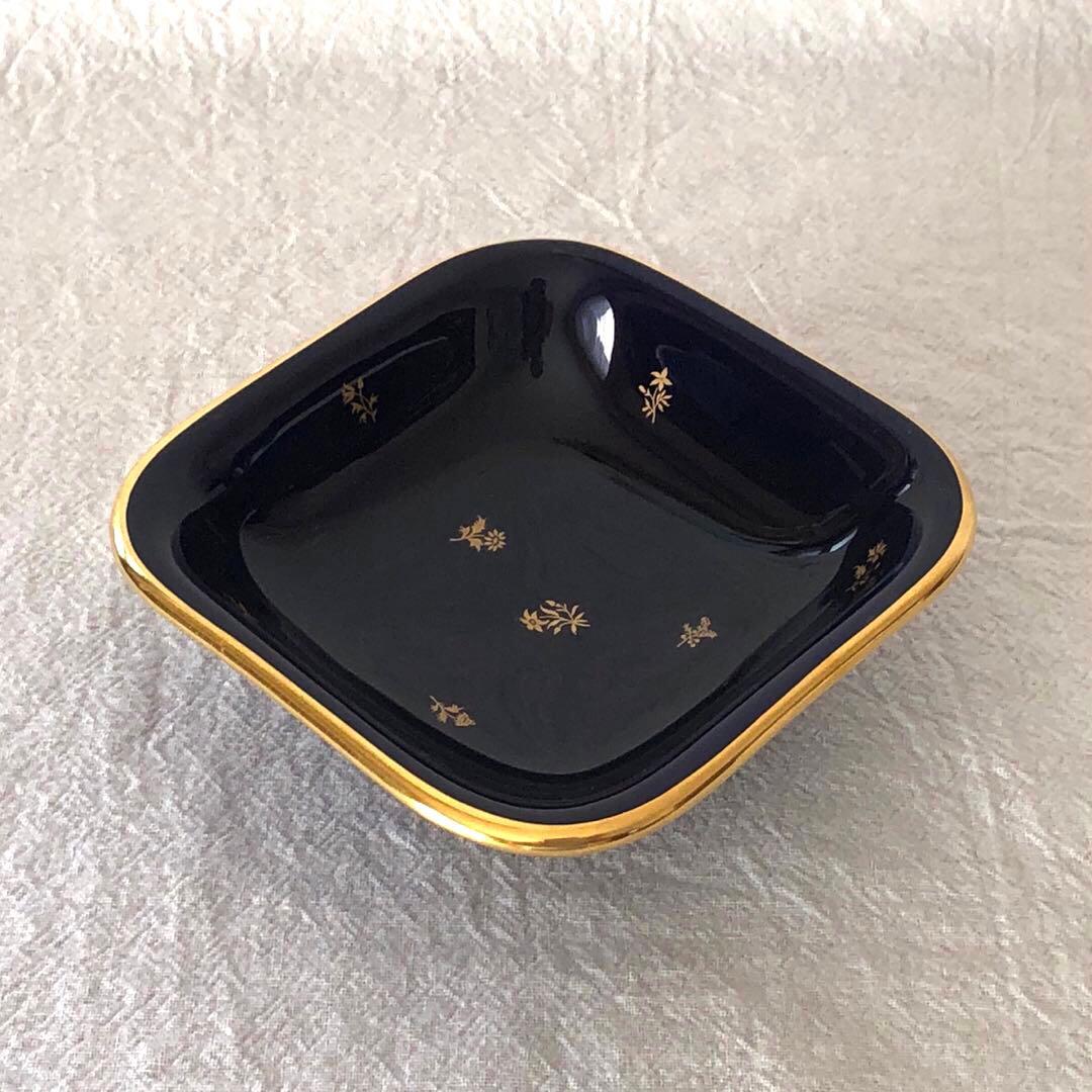 セーブル角形ディッシュ☆ファットブルー☆24K金彩小花紋様☆仏ヴィンテージ未使用