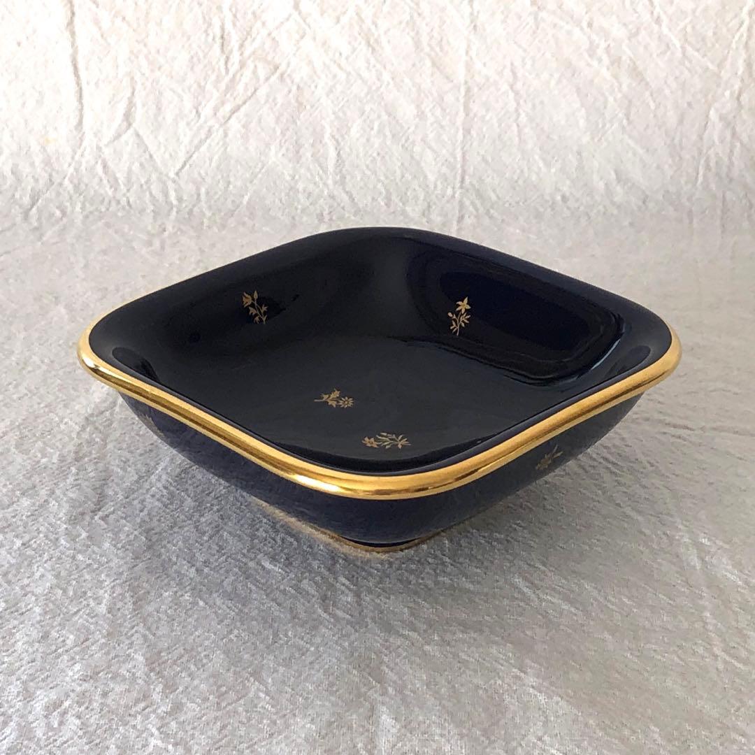 セーブル角形ディッシュ☆ファットブルー☆24K金彩小花紋様☆仏ヴィンテージ未使用