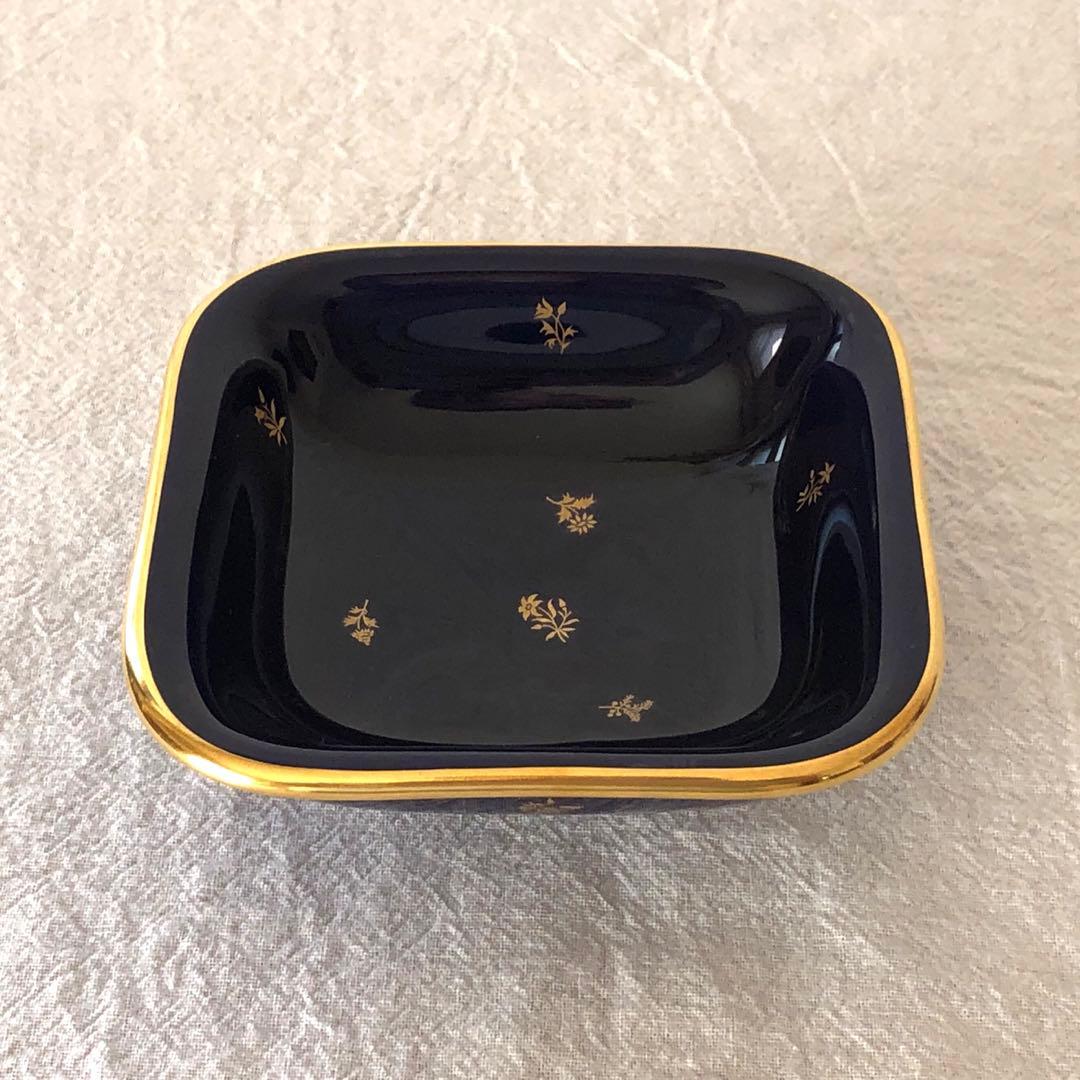 セーブル角形ディッシュ☆ファットブルー☆24K金彩小花紋様☆仏ヴィンテージ未使用