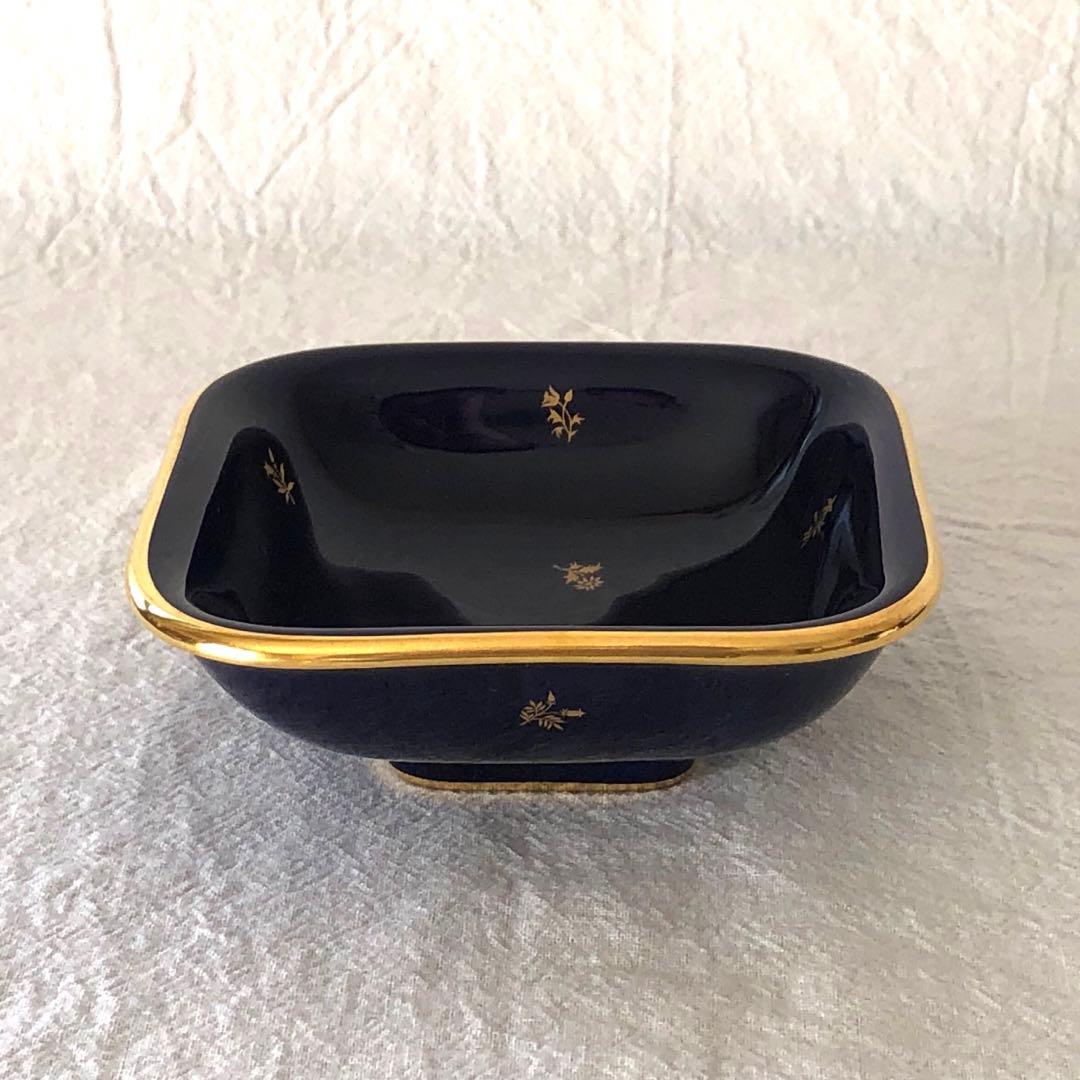 セーブル角形ディッシュ☆ファットブルー☆24K金彩小花紋様☆仏ヴィンテージ未使用
