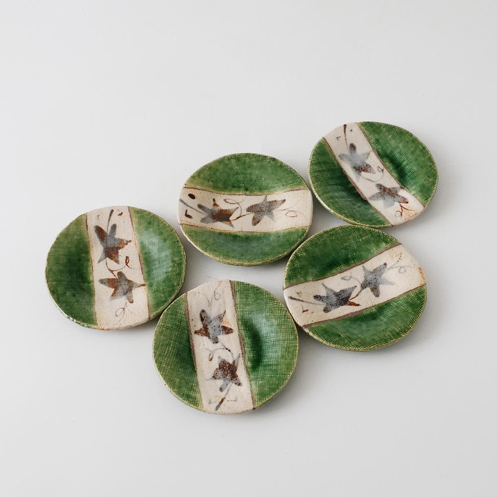 清山窯 織部焼 銘々皿 手塩皿 五客 漆箱入 茶道具 菓子器