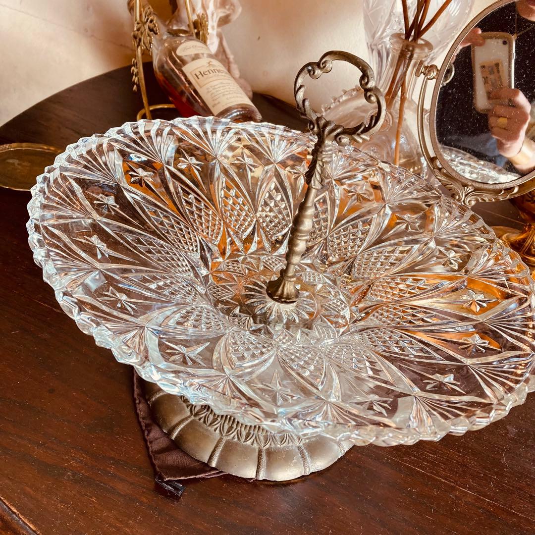湯布院アンティーク イタリア クリスタルガラス キャンディフルーツ トレイ 真鍮