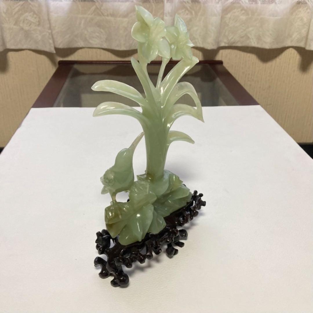 翡翠 置物 オブジェ 花 鳥 彫刻 工芸品 美術品 骨董 レトロ