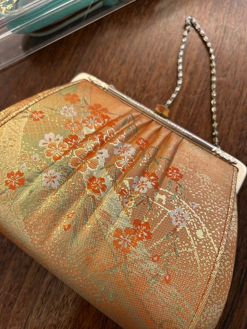 振袖 オレンジ 緑 花柄 帯、小物付き