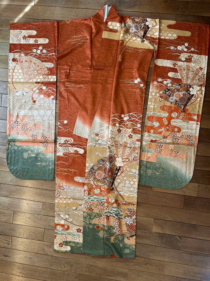 振袖 オレンジ 緑 花柄 帯、小物付き