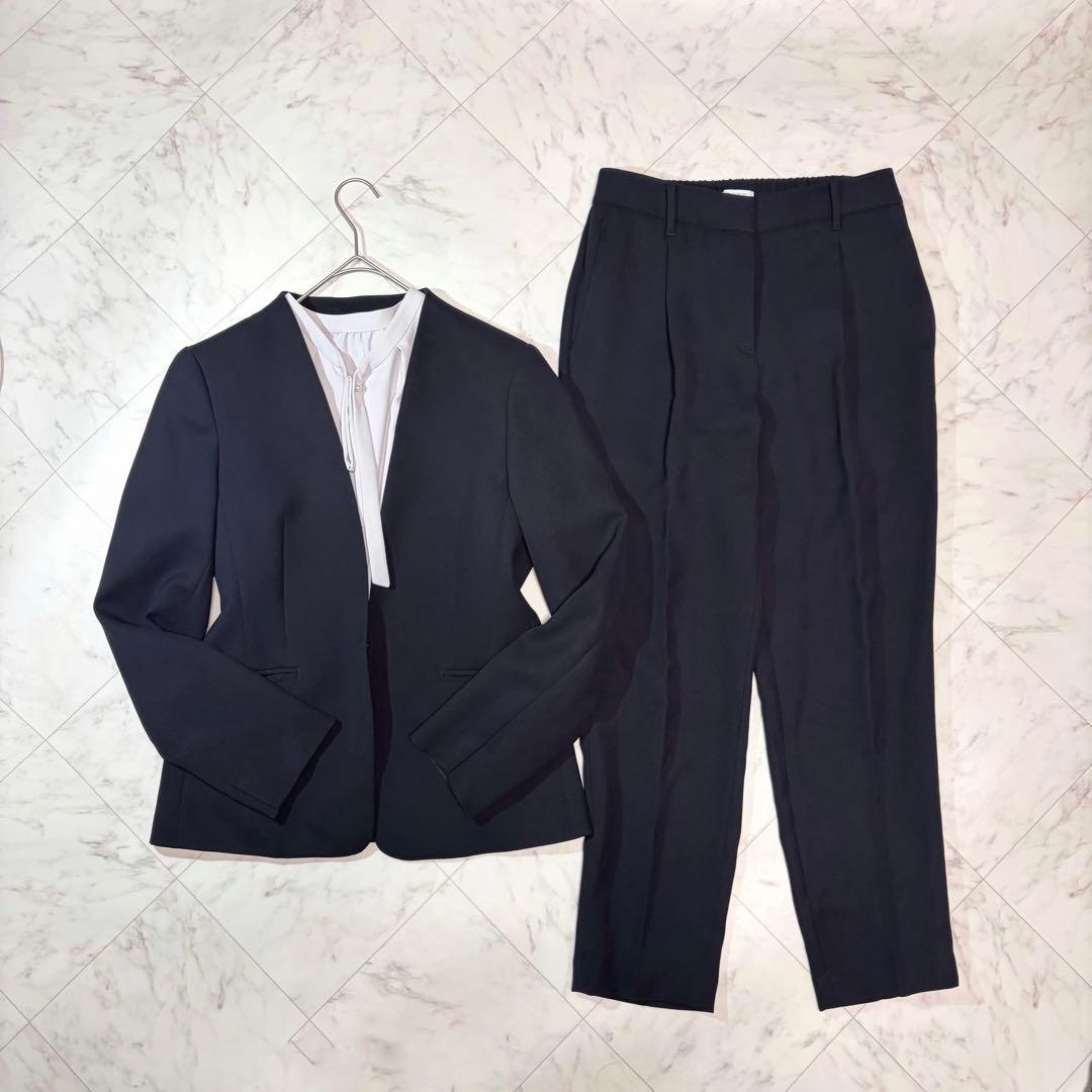 PLST プラステ 洗える セット ノーカラージャケット パンツ L ネイビー