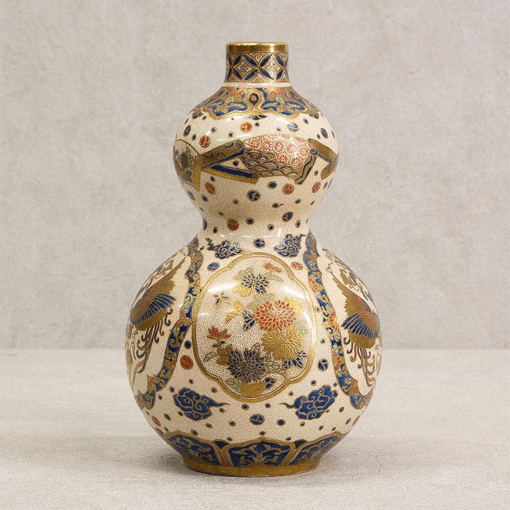 ※あかおかずき　薩摩焼 丸十字 薩摩 明治期 瓢箪型金彩鳳凰文 花瓶