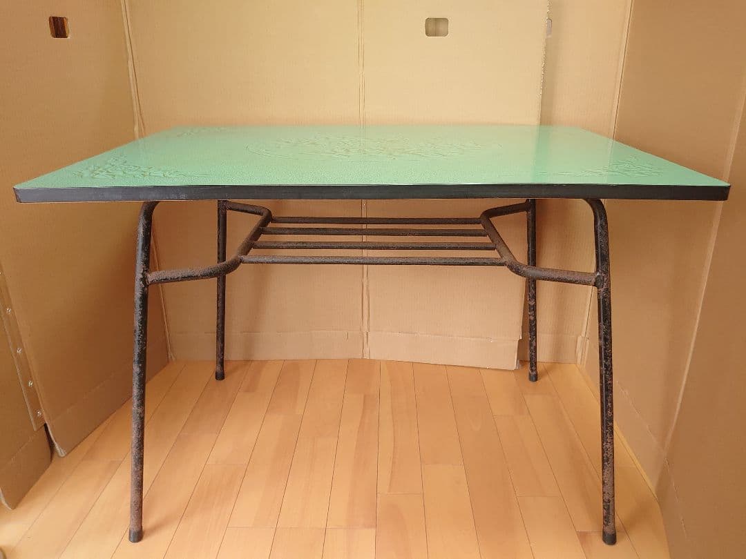 昭和レトロ アイアン脚 食堂テーブル アンティーク 家具 グリーン 古道具