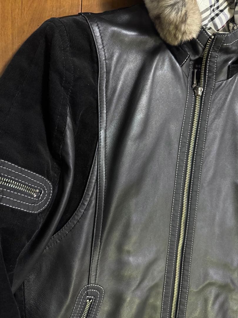 バーバリーブラックレーベル ファー付 ノバチェック レザージャケット M