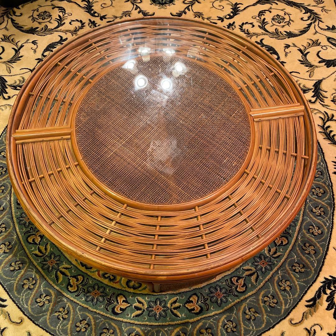 【昭和レトロ】　ラタン　ヴィンテージ丸テーブル　座卓　円型　藤家具