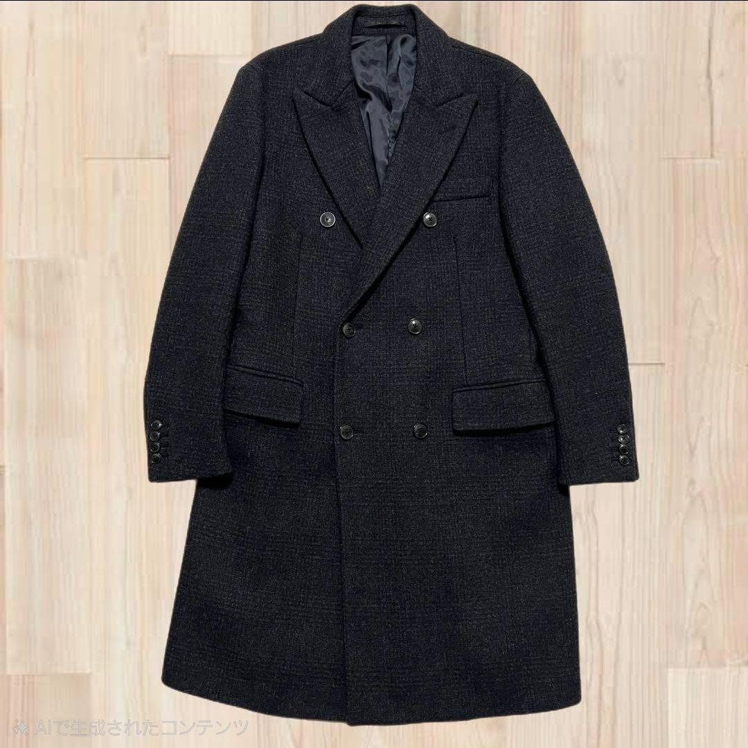 極美品✨EDIFICE ダブル チェスターコート カシミヤ混 ネイビー チェック