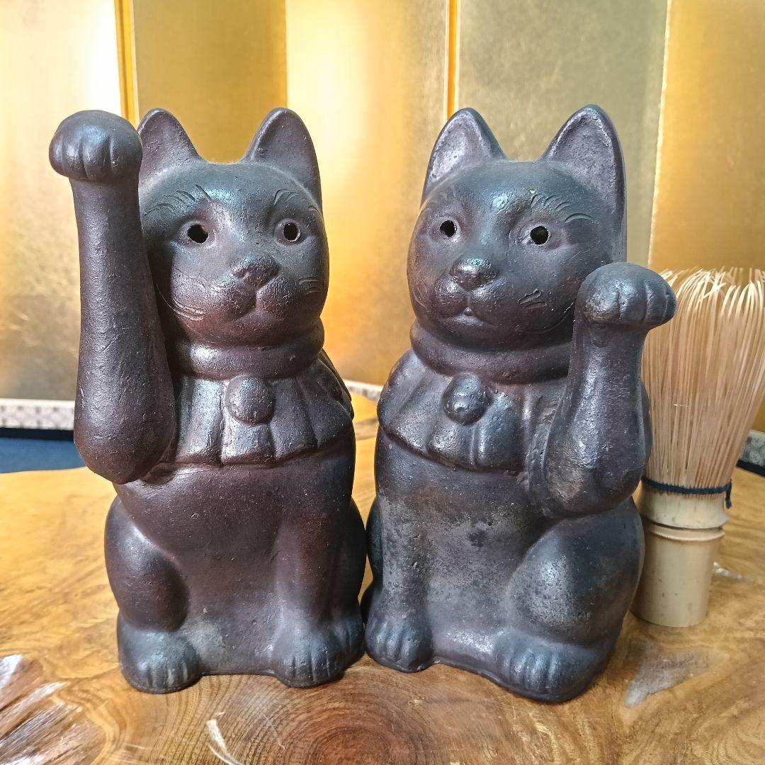 備前焼 招猫 2匹 右手挙 左手挙 縁起物 置物 飾り物 備前猫AK59