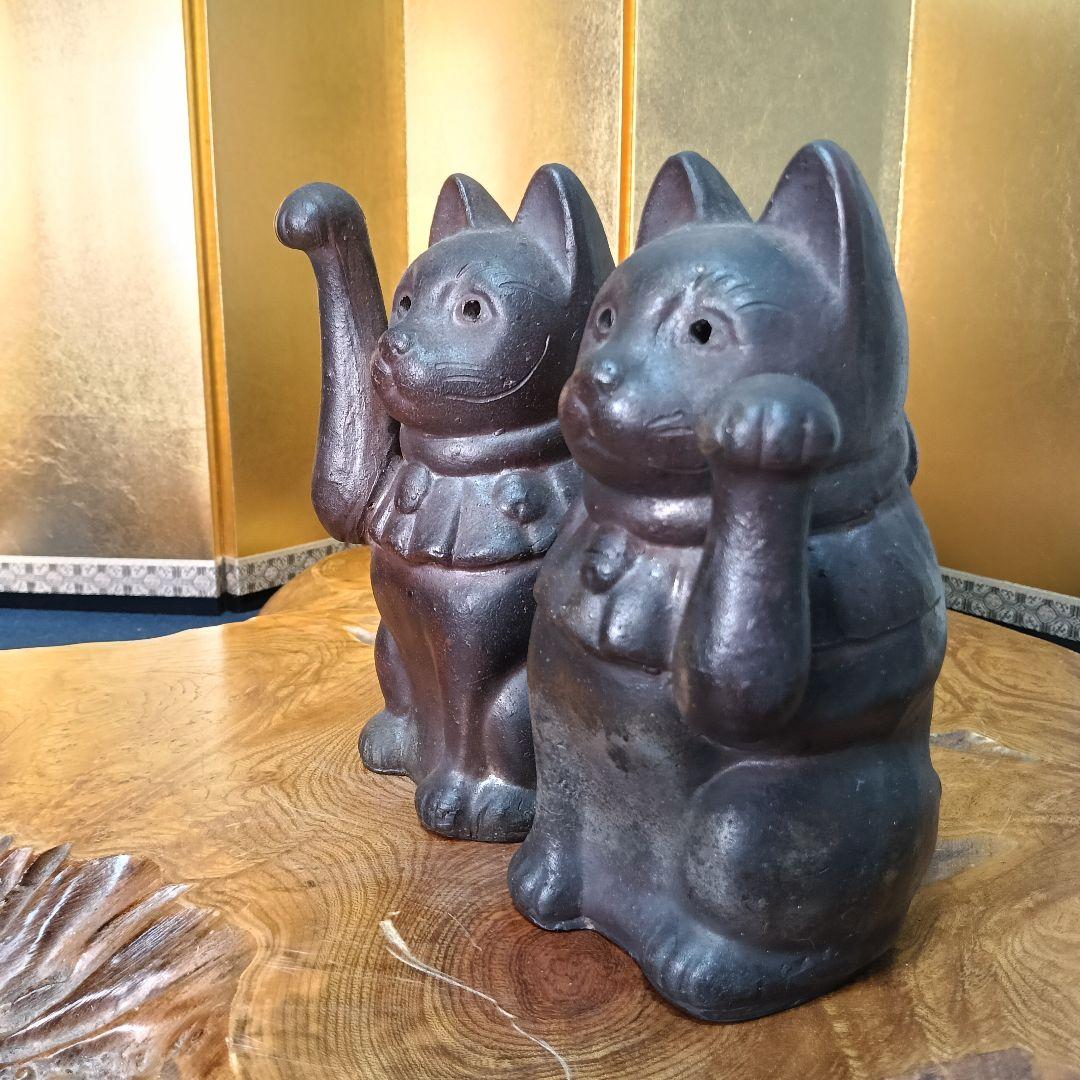 備前焼 招猫 2匹 右手挙 左手挙 縁起物 置物 飾り物 備前猫AK59