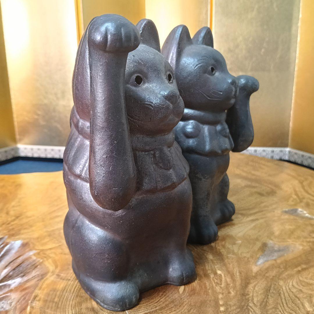 備前焼 招猫 2匹 右手挙 左手挙 縁起物 置物 飾り物 備前猫AK59