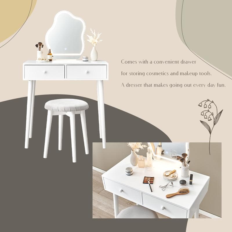 送料無料【新品】女優ライト　ドレッサー＆スツールセット　ウェーブミラー　韓国風