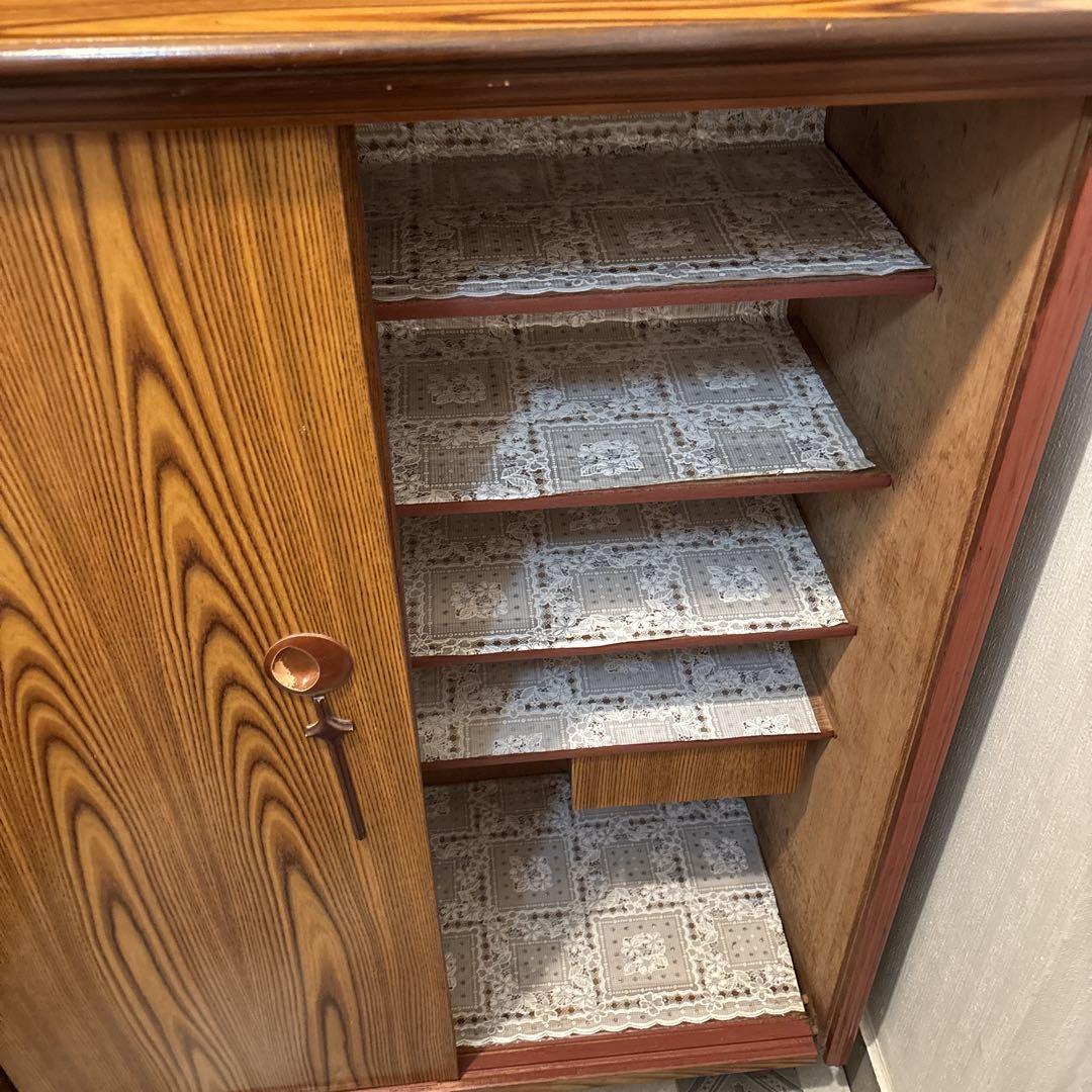 レトロポップ　昭和　レトロ　アンティーク　木製スライド式　靴箱 茶色　2扉