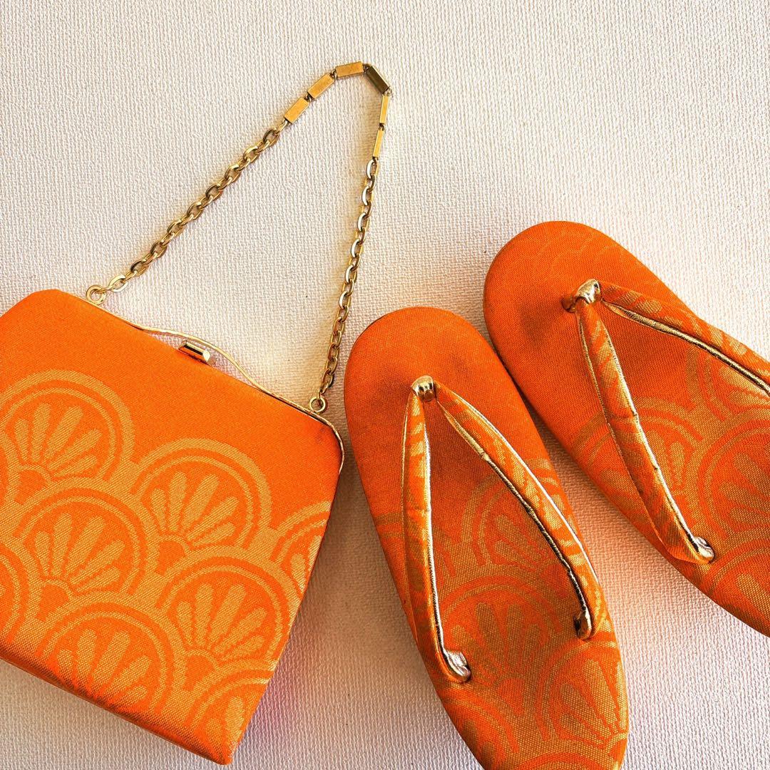 七五三　長着帯セット ７歳女の子 オレンジ地　ちりめん　 源氏車 52697