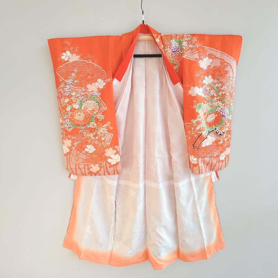 七五三　長着帯セット ７歳女の子 オレンジ地　ちりめん　 源氏車 52697