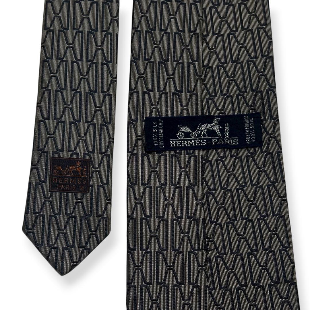 良品✨HERMES ネクタイ　エルメス　ファソネ　H柄　ジャガード　グレー
