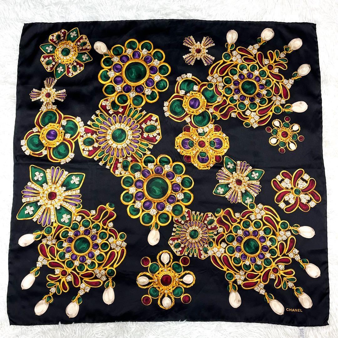極美品 シャネル グリポア シルク100% 大判スカーフ 宝石ジュエリー柄