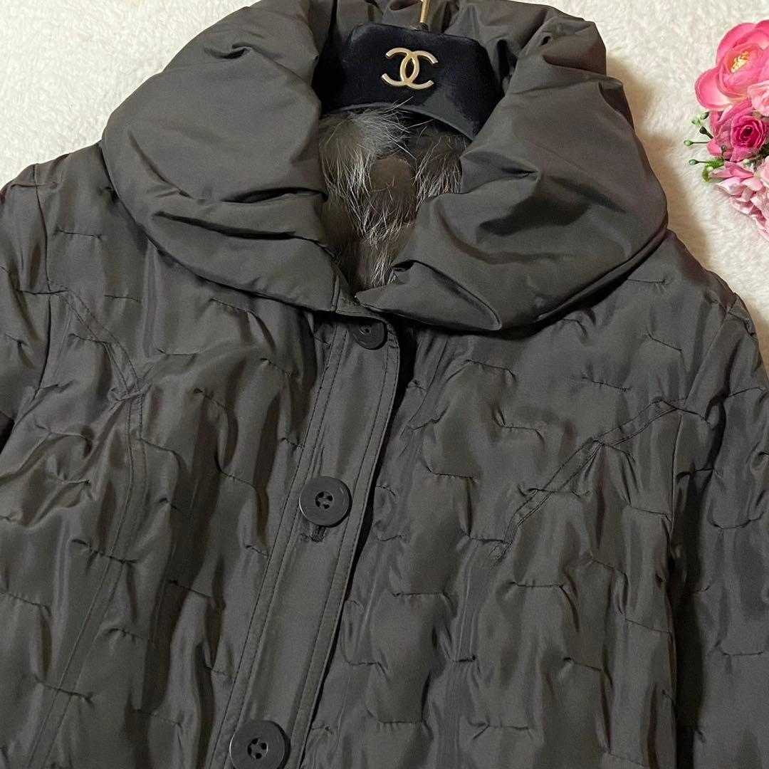 【シルク100%】ロングコート 毛皮 フォックスファー グレー Lサイズ