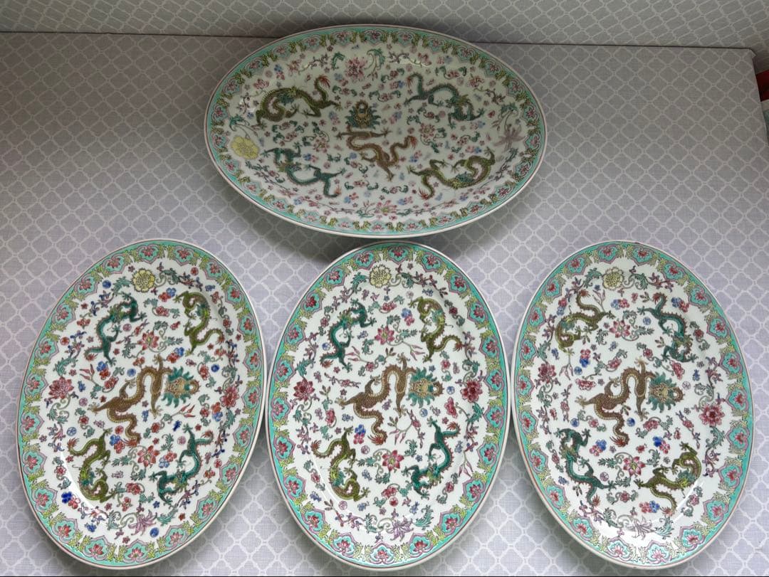 希少　中国景徳鎮09 オーバル皿　2種４枚セット 楕円皿　パーティ皿　花龍　手描