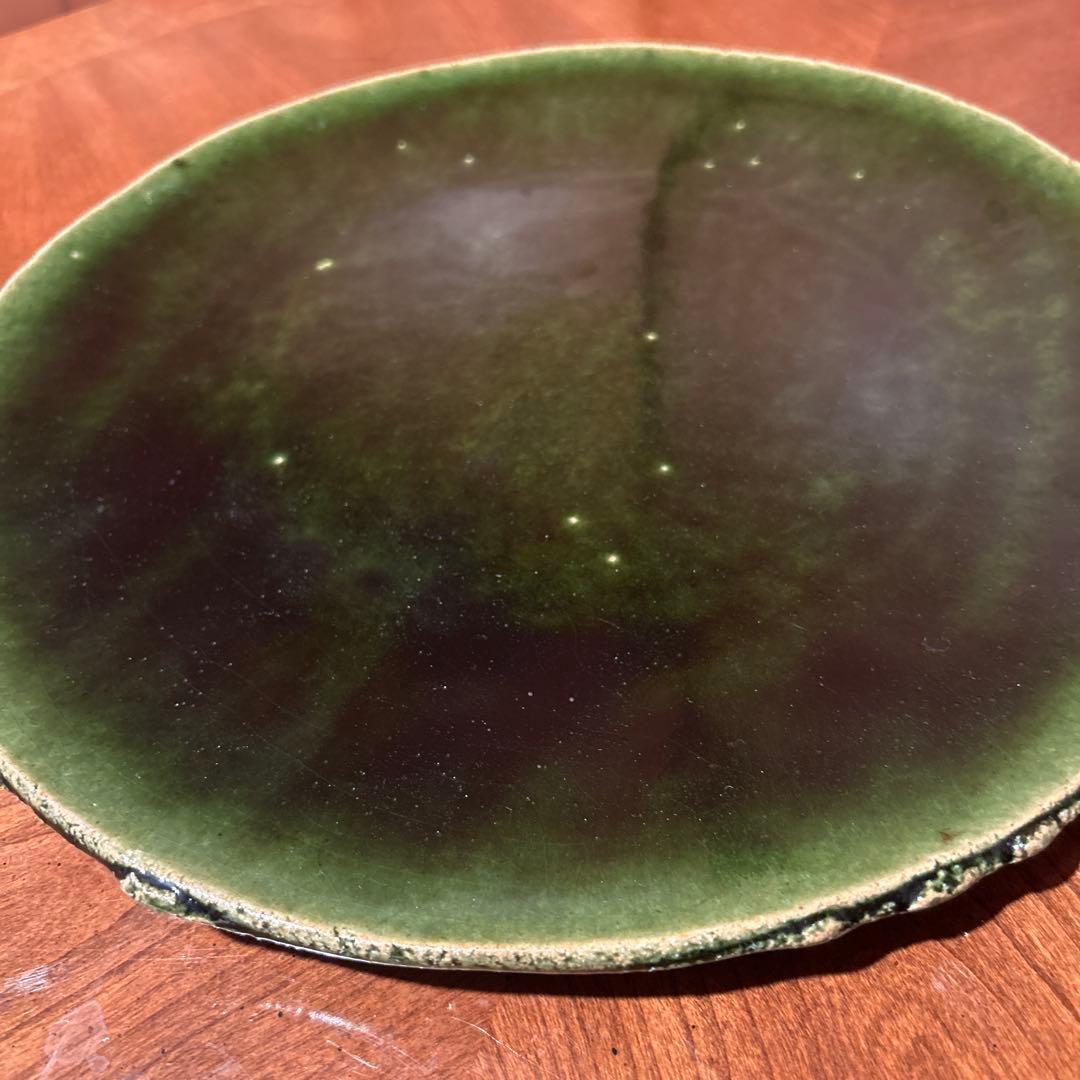 新品◆④織部焼　森脇　文直作　緑色の陶器製丸皿大皿35.5cm